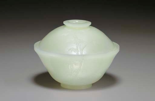 A PALE GREENISH-WHITE JADE BOWL AND COVER