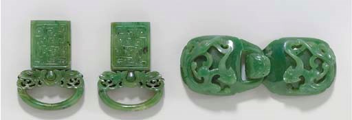 A GREEN JADE BELT BUCKLE AND A PAIR OF GREEN JADE CHATELAINES