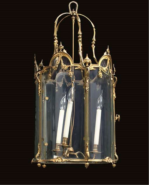 A GILT BRASS PENTAGONAL HALL LANTERN