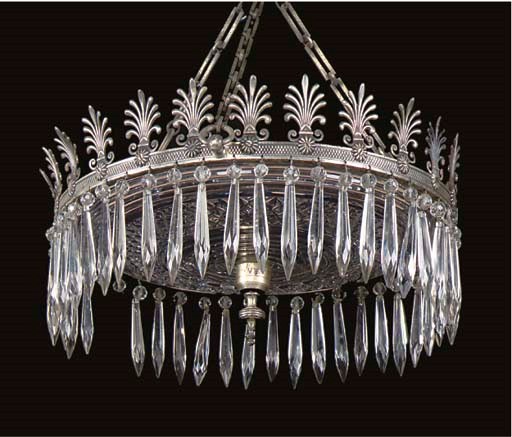 A SILVERED BRONZE AND CUT GLASS CEILING LIGHT
