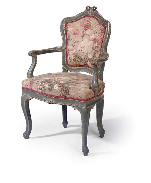 A VENETIAN PALE GREEN PAINTED AND PARCEL GILT ARMCHAIR