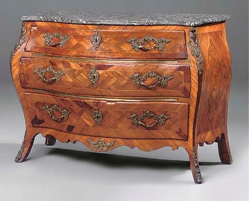 A SWEDISH GILT-METAL MOUNTED KINGWOOD, FRUITWOOD AND WALNUT SERPENTINE COMMODE