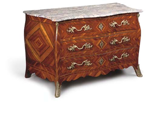 A GERMAN GILT METAL MOUNTED BOMBE COMMODE