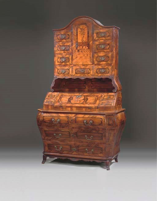 A SOUTH GERMAN WALNUT, ROSEWOOD, FRUITWOOD AND MARQUETRY BUREAU CABINET