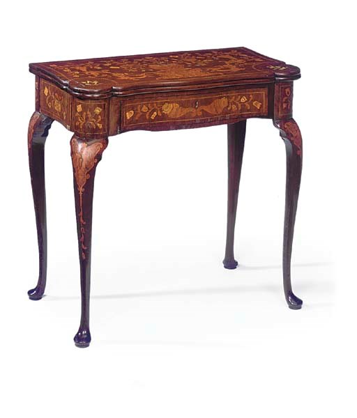 A MAHOGANY AND DUTCH FLORAL MARQUETRY SERPENTINE TEA TABLE