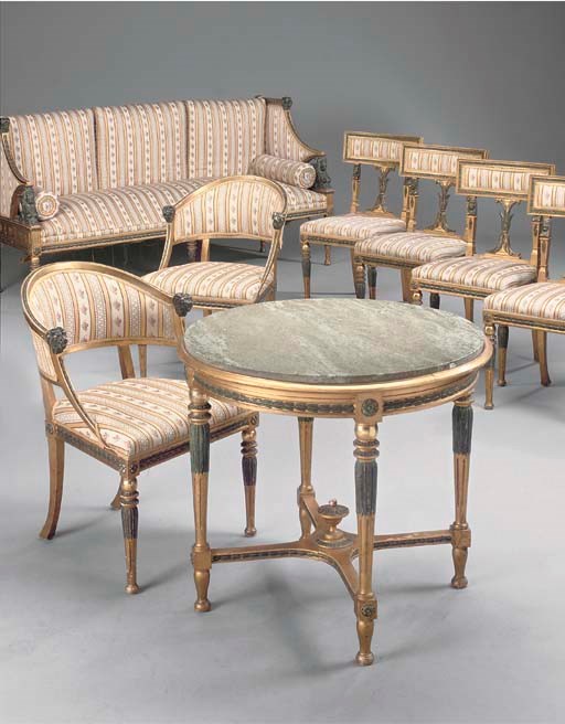 A SET OF FOUR GILTWOOD AND DARK GREEN PAINTED SIDE CHAIRS