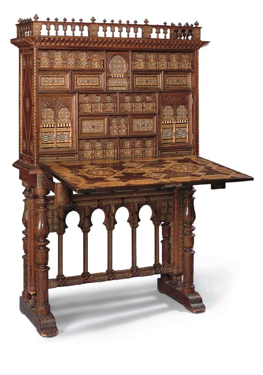 A DAMASCUS WALNUT ROSEWOOD AND MARQUETRY VARGUENO ON STAND
