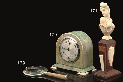 AN ART DECO SHAGREEN VENEERED MANTEL TIMEPIECE