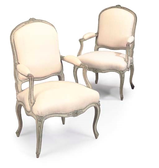 A PAIR OF LOUIS XV GREY AND PALE BLUE PAINTED FAUTEUILS