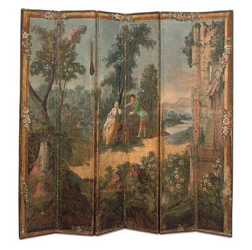 A PAINTED CANVAS SIX FOLD SCREEN