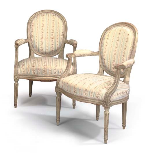 A PAIR OF LOUIS XVI GREY PAINTED FAUTEUILS