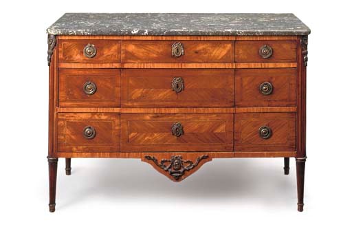 A LOUIS XVI GILT METAL MOUNTED KINGWOOD AND TULIPWOOD COMMODE