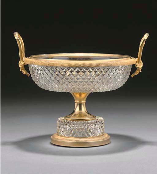 A GILT METAL MOUNTED GLASS TAZZA