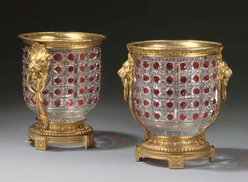 A PAIR OF GILT BRONZE MOUNTED CUT-GLASS WINE COOLERS