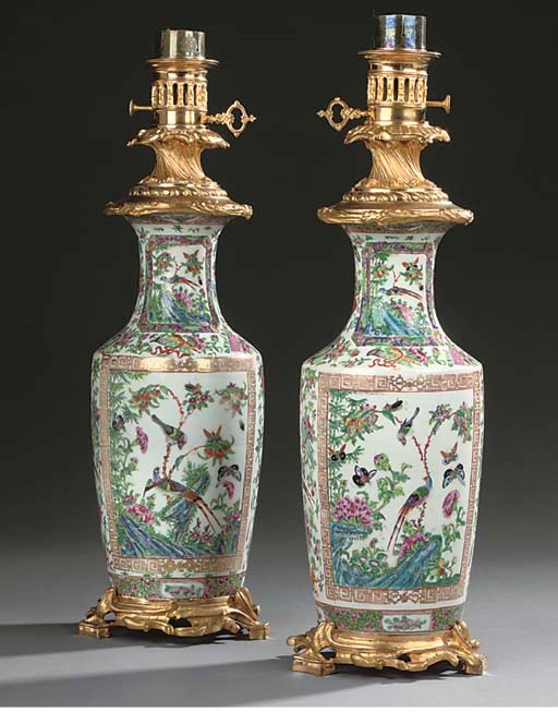 A PAIR OF GILT BRONZE MOUNTED CANTONESE VASE TABLE LAMPS