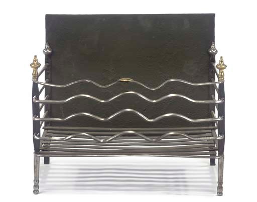 A BRASS MOUNTED STEEL AND IRON FIRE BASKET