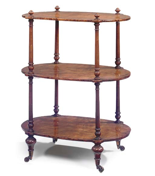 A MID-VICTORIAN BURR WALNUT THREE TIER WHATNOT