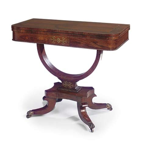 A GEORGE IV ROSEWOOD AND BRASS INLAID CARD TABLE