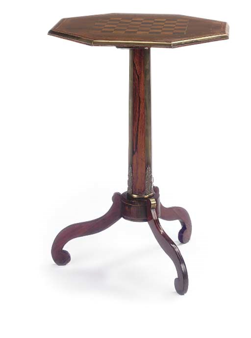 A REGENCY BRASS MOUNTED AND INLAID ROSEWOOD AND MARQUETRY TRIPOD TABLE