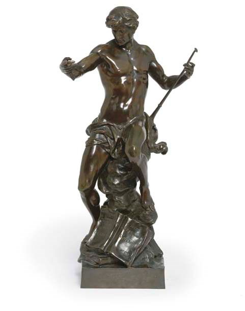 A BRONZE ALLEGORICAL FIGURE OF A SEMI-NAKED MAN