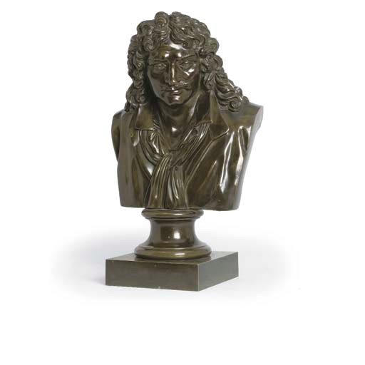 A FRENCH BRONZE BUST OF MOLIERE
