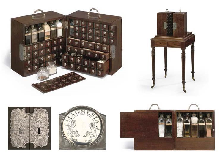 A fine mid 18th-Century English mahogany 'spice cupboard' style domestic medicine chest with applied silver fittings, on custom-built table,