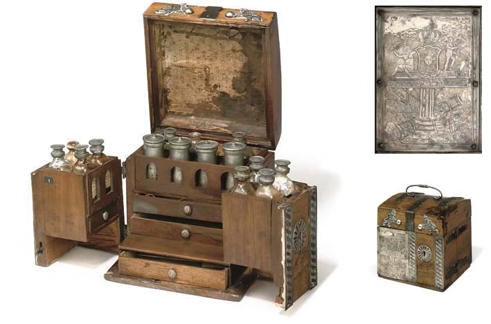A mid 18th-Century Spanish walnut domestic medicine chest with steel strap-work and applied silver decoration,