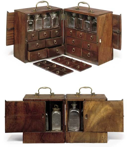 A rare and interesting small mahogany 'spice-cupboard' style medicine chest circa 1800,