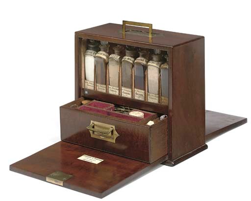 An unusual early Victorian mahogany domestic medicine chest with drop-down doors,