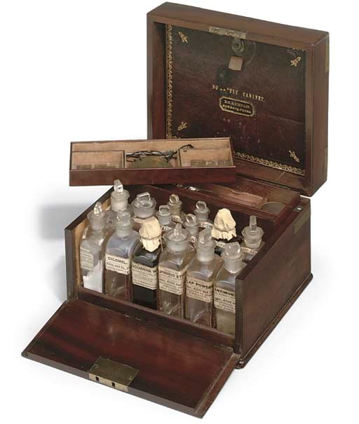A Victorian mahogany and brass-bound domestic medicine chest with drop-front,