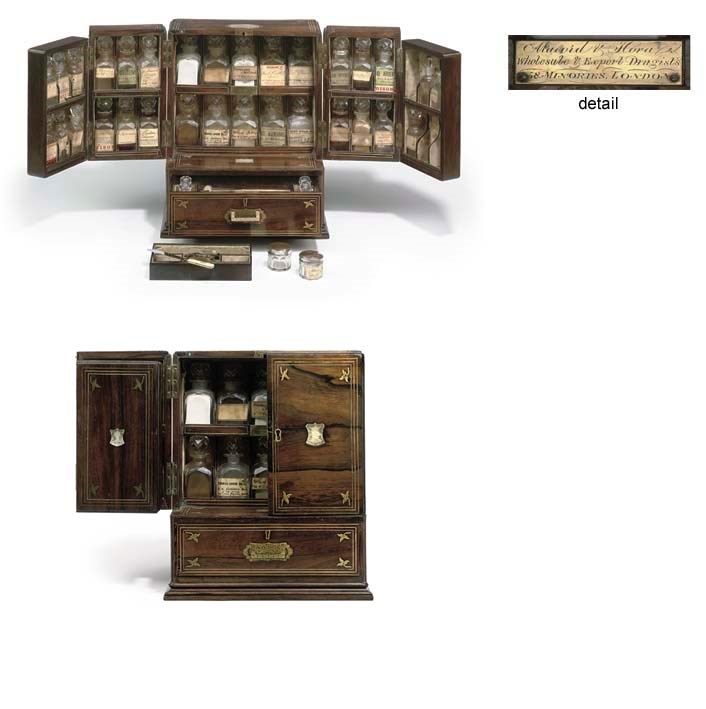 An attractive and highly decorative mid 19th-Century English rosewood domestic medicine chest with folding double-doors,