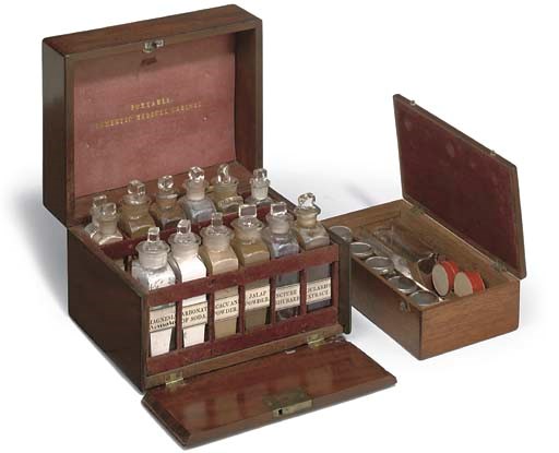 A late 19th-Century mahogany 'Portable Domestic Medical Cabinet' with drop down front,