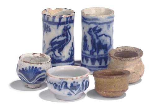Two 17th-Century Spanish maiolica blue and white ointment-pots,