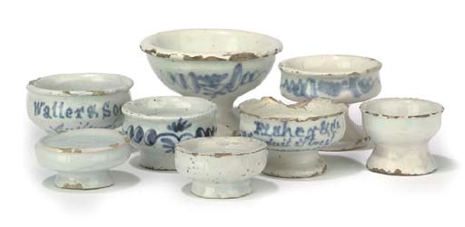 Six 18th-Century English Delft footed, shallow-cupped ointment-pots,