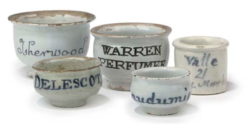 Five 18th-Century English Delft ointment/perfume-pots,