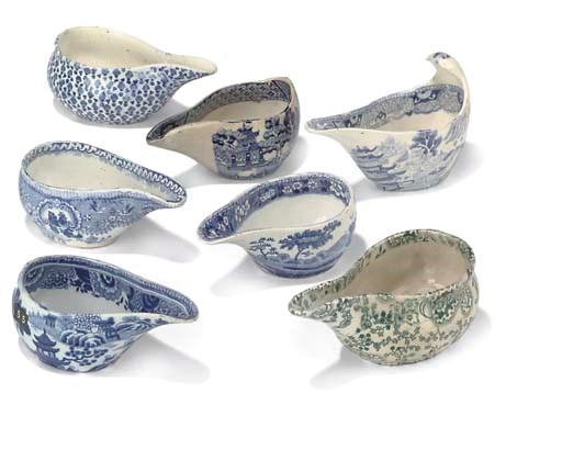 Six English blue and white earthenware pap-boats, first 1/2 19th-Century
