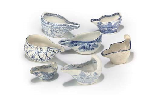 Five blue and white earthenware pap-boats, first 1/2 19th-Century,