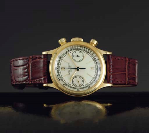 PATEK PHILIPPE. A RARE 18K GOLD WATER-RESISTANT CHRONOGRAPH WRISTWATCH