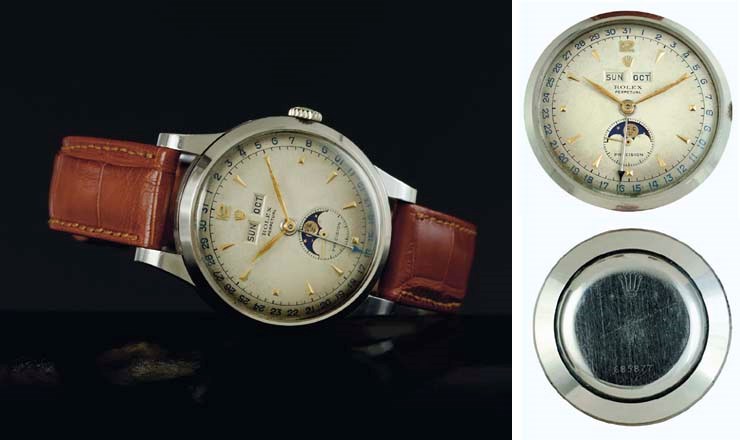 ROLEX. A VERY FINE AND RARE LARGE STAINLESS STEEL AUTOMATIC TRIPLE CALENDAR WRISTWATCH WITH MOON PHASES