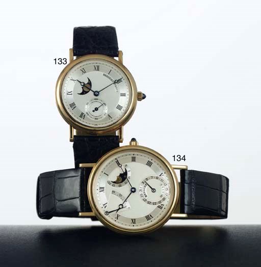 BREGUET. A FINE 18K GOLD AUTOMATIC WRISTWATCH WITH DATE, POWER RESERVE AND MOON PHASES