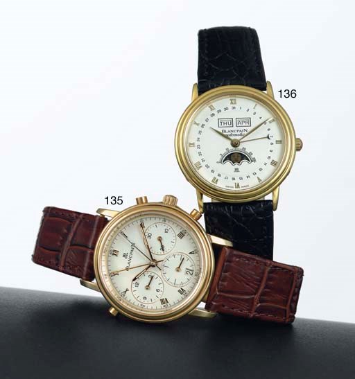 BLANCPAIN. AN 18K GOLD AUTOMATIC TRIPLE CALENDAR WRISTWATCH WITH MOON PHASES