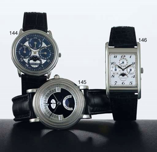 AUDEMARS PIGUET. A FINE PLATINUM RECTANGULAR PERPETUAL CALENDAR WRISTWATCH