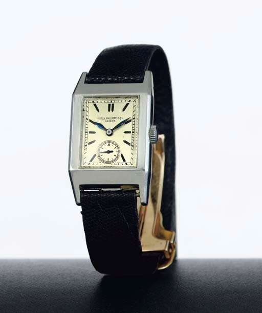 PATEK PHILIPPE. A RARE STAINLESS STEEL RECTANGULAR WRISTWATCH