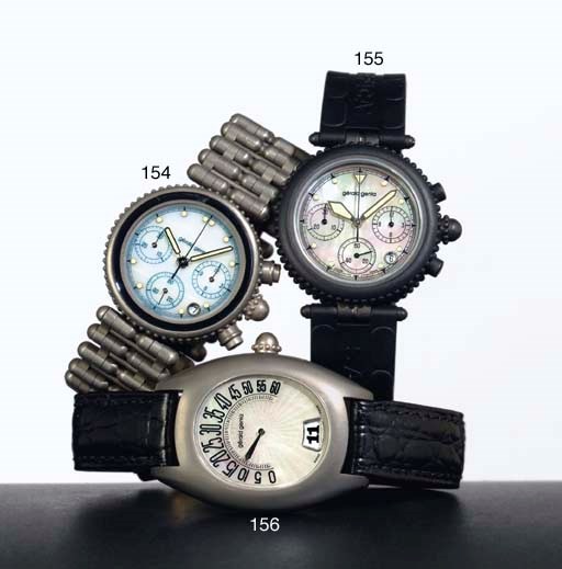 GERALD GENTA. A STAINLESS STEEL AND MOTHER-OF-PEARL AUTOMATIC RETROGRADE JUMP HOUR WRISTWATCH