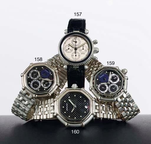 GERALD GENTA. A PLATINUM AND MOTHER-OF-PEARL OCTAGONAL PERPETUAL CALENDAR BRACELET WATCH WITH MOON PHASES