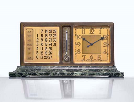 CARTIER. A RARE BRASS AND MARBLE DOUBLE-DIALED 8-DAY PARTNER'S DESK TIMEPIECE WITH CALENDAR AND THERMOMETER