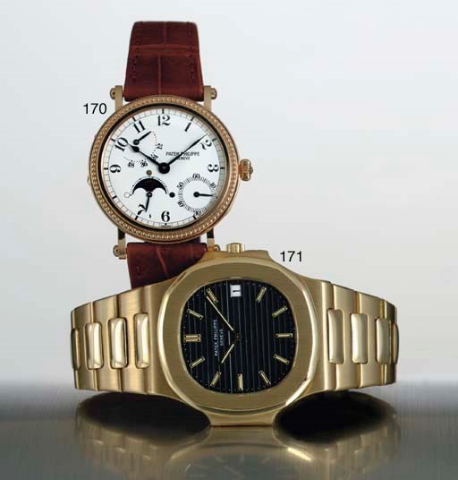 PATEK PHILIPPE. A FINE AND LARGE 18K GOLD AUTOMATIC WRISTWATCH WITH DATE AND BRACELET