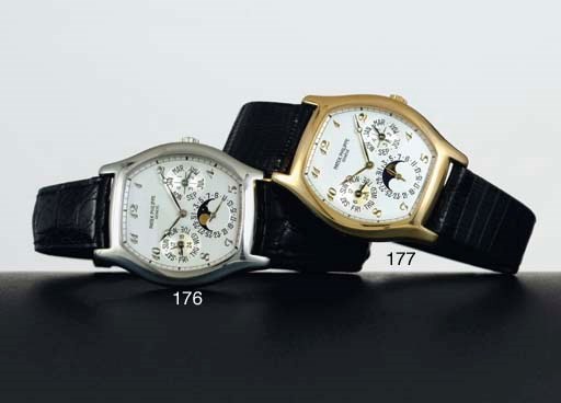PATEK PHILIPPE.  A FINE PLATINUM TONNEAU AUTOMATIC PERPETUAL CALENDAR WRISTWATCH WITH MOON PHASES