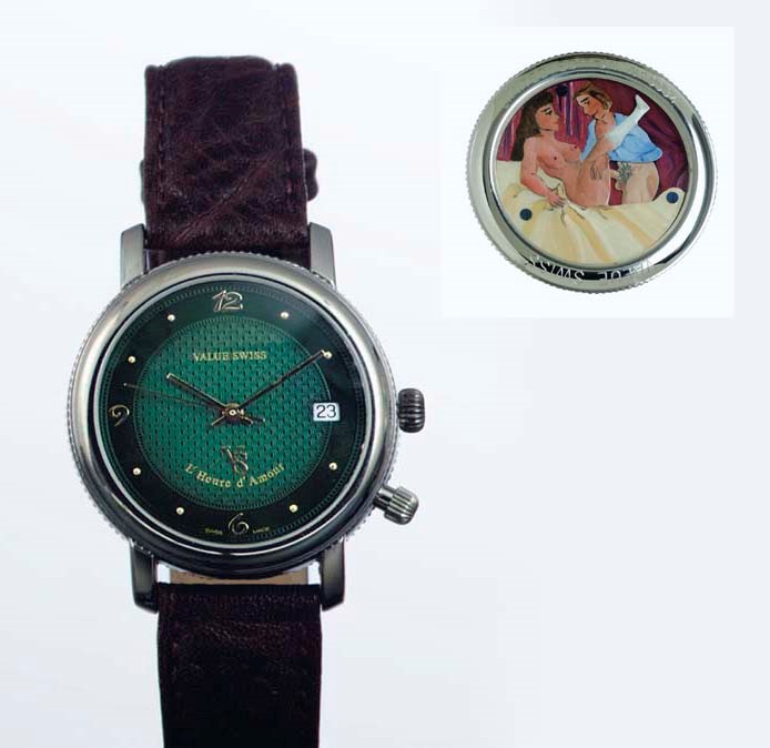 VALUE SWISS. A LIMITED EDITION STAINLESS STEEL CENTER SECONDS WRISTWATCH WITH DATE AND EROTIC AUTOMATON