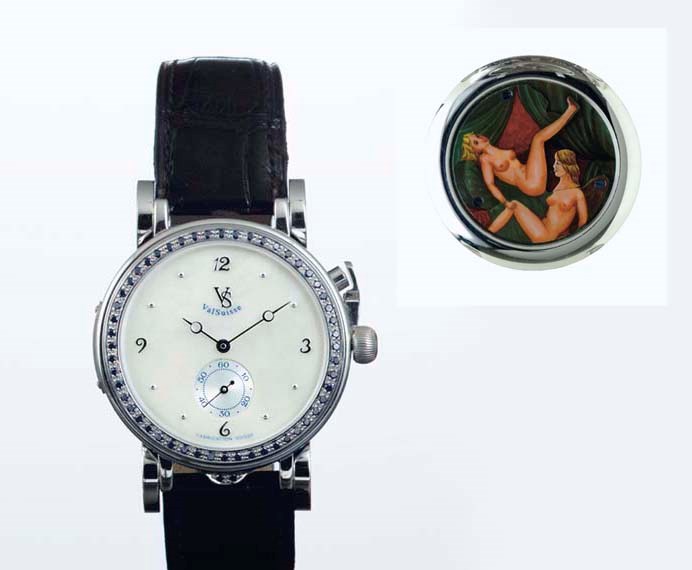 VALUE SWISS. A UNIQUE WHITE GOLD, SAPPHIRE AND MOTHER-OF-PEARL WRISTWATCH WITH CONCEALED EROTIC AUTOMATON